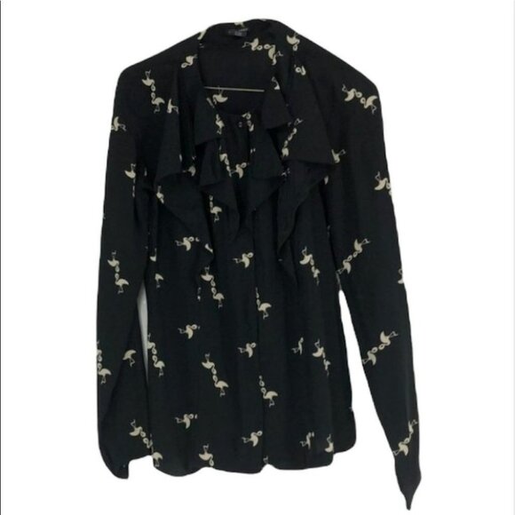 Club Monaco black flamingo print ruffle neck blouse small - Picture 1 of 14